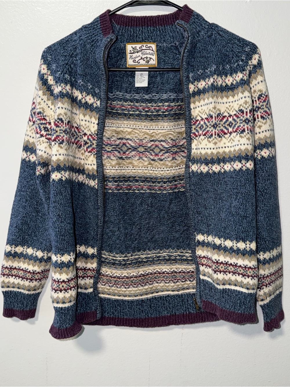 Vintage-Inspired Blue Fair Isle Zip Cardigan Sweater - Women's